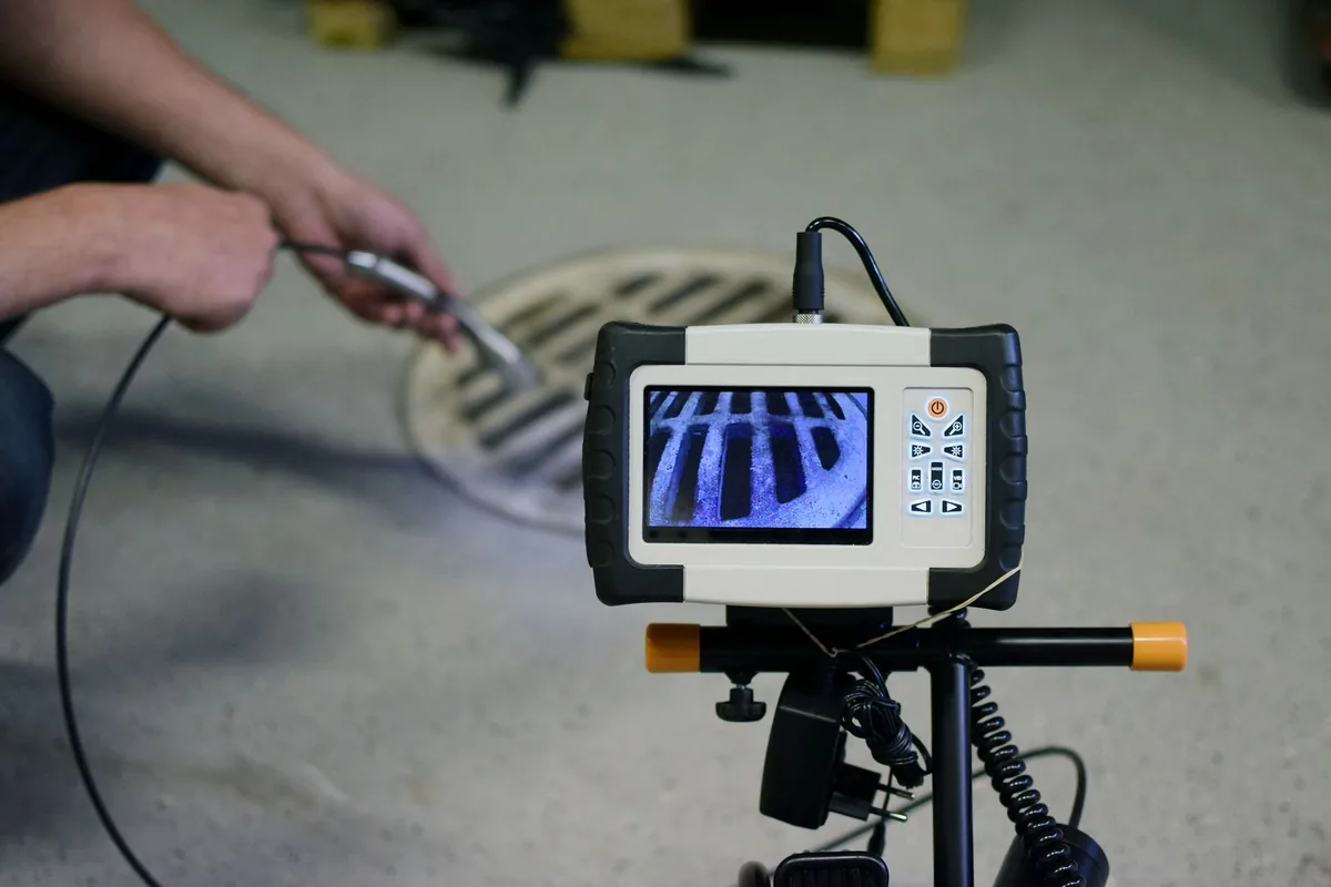 Plumber feeding a sewer inspection camera into a floor drain with a live video monitor on a stand