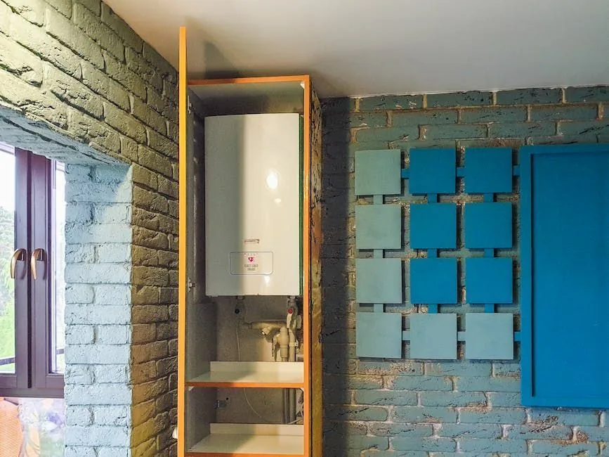 Wall-mounted water heater installed inside a wooden cabinet against a painted brick wall